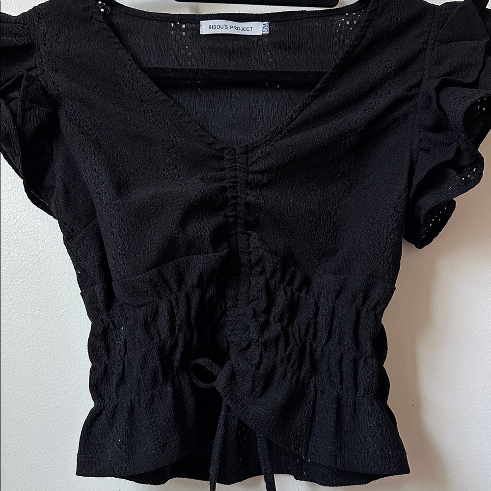 Black eyelet ruffle sleeve blouse v neck